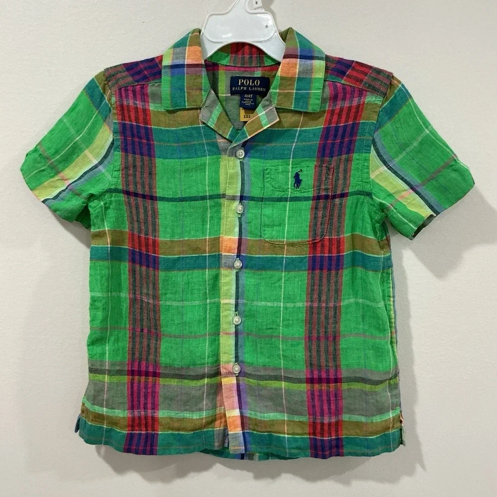 Ralph Lauren Boys Button Down‎ Shirt 4T Plaid Short Sleeve Pony Logo Preppy